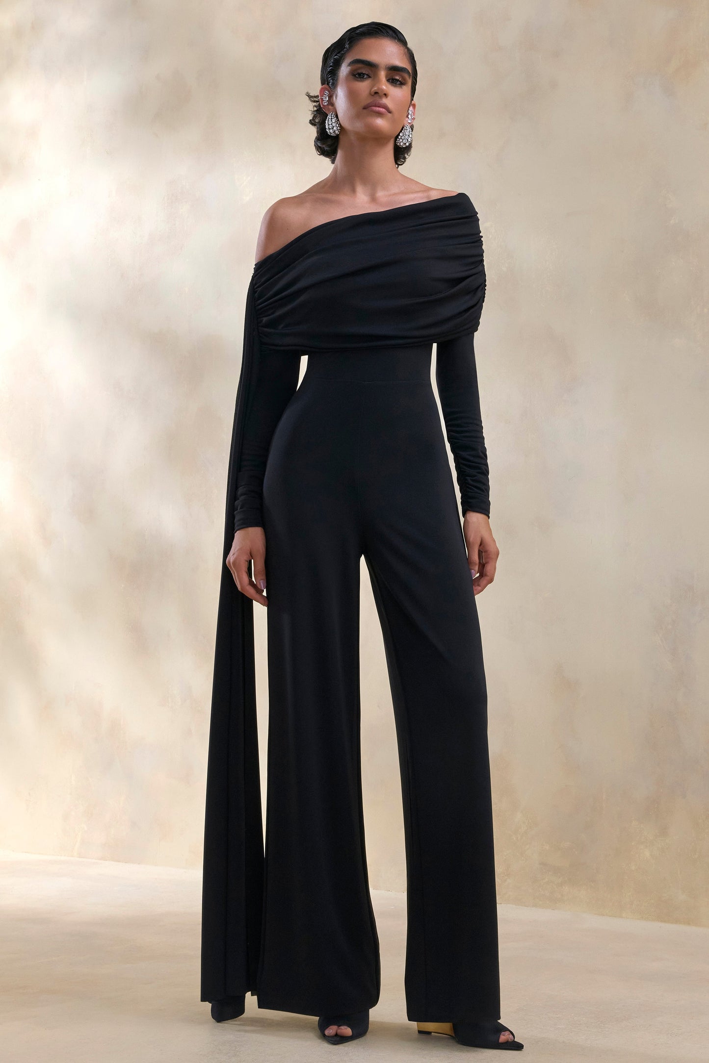 Elova | Black Bardot-Neck Jumpsuit With Sash