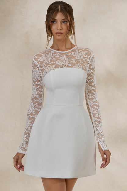 Aerin | White High-Neck Mini Dress With Long-Lace Sleeves