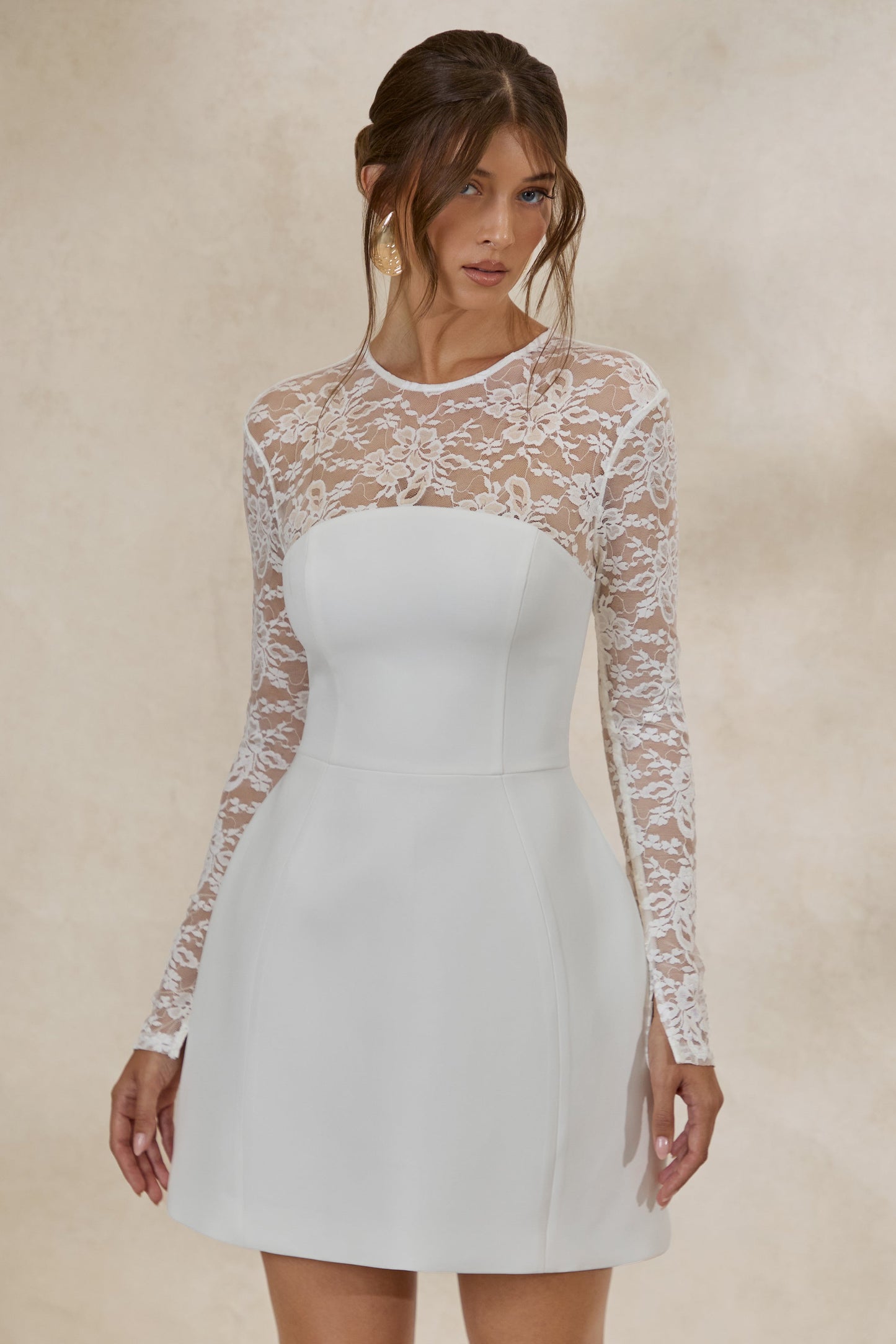 Aerin | White High-Neck Mini Dress With Long-Lace Sleeves