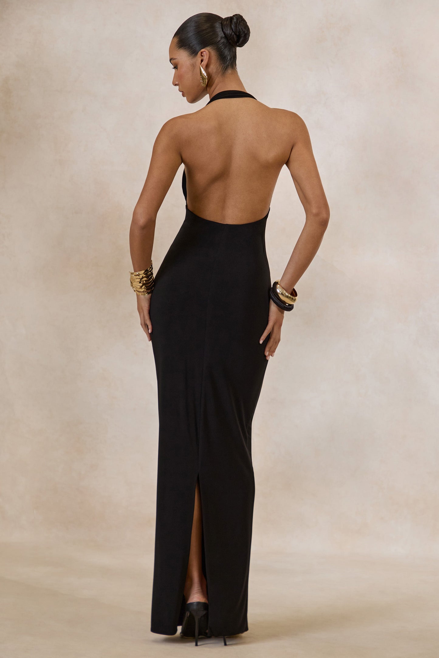 Delisse | Black Asymmetric-Neck Maxi Dress