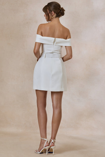 Cilly | White Bardot-Neck Mini-Dress With Belt-Detail