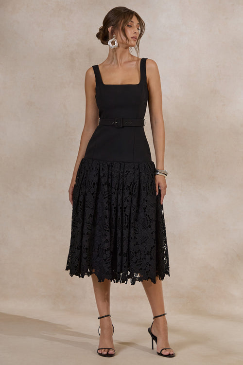 Norrie | Black Square-Neck Midi Dress With Voluminous Lace Skirt