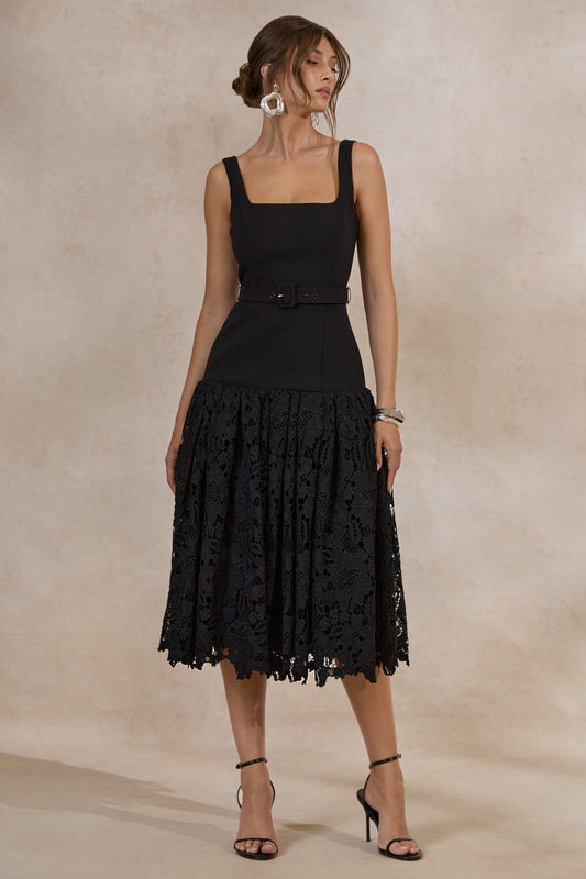 Norrie | Black Square-Neck Midi Dress With Voluminous Lace Skirt
