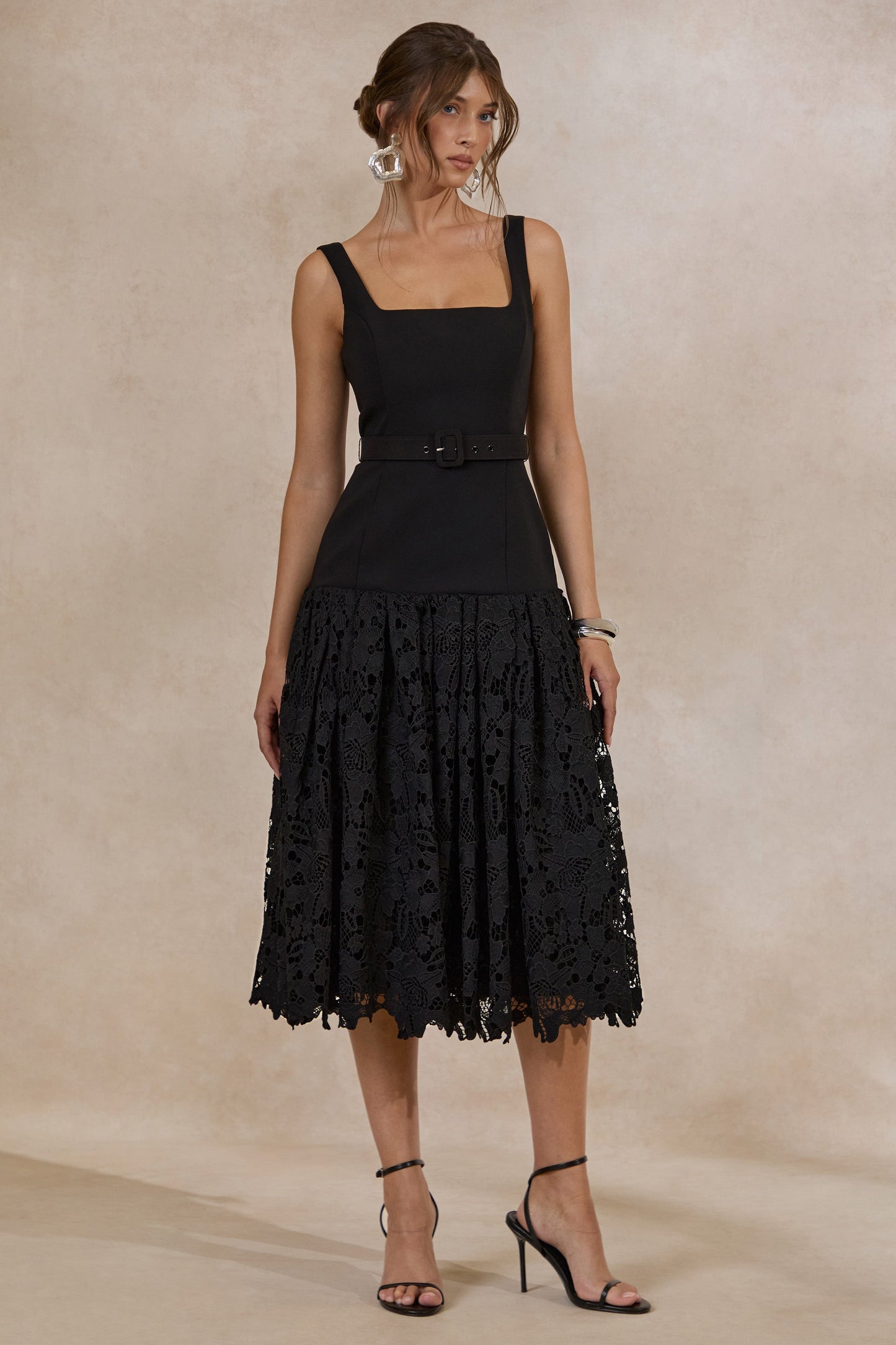 Norrie | Black Square-Neck Midi Dress With Voluminous Lace Skirt