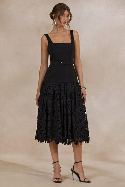 Norrie | Black Square-Neck Midi Dress With Voluminous Lace Skirt