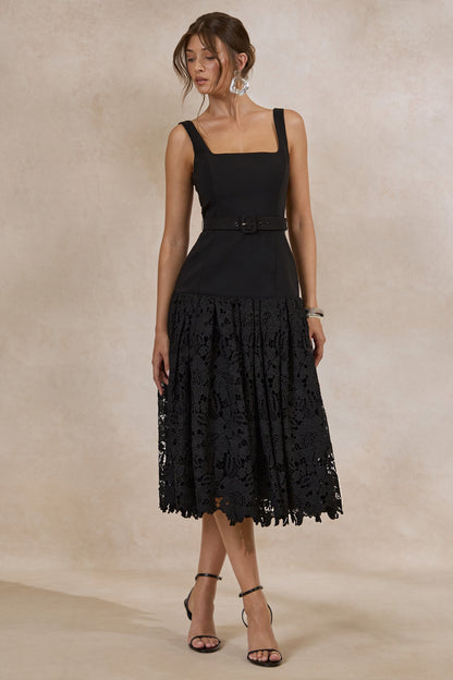 Norrie | Black Square-Neck Midi Dress With Voluminous Lace Skirt