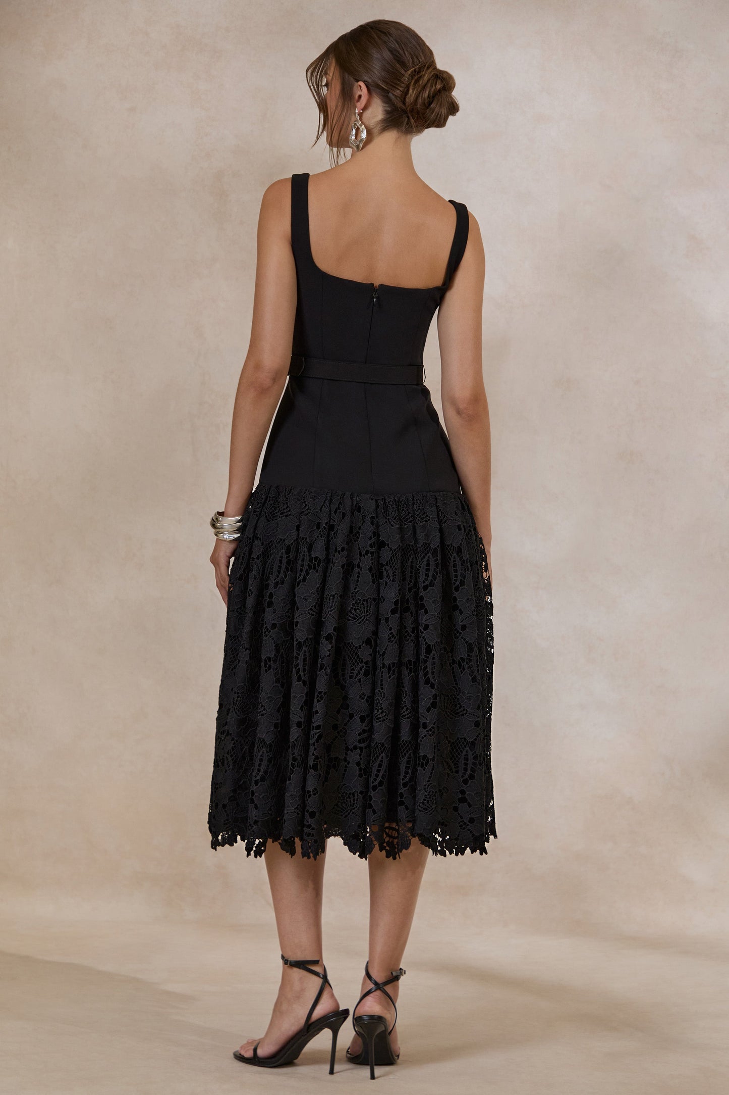 Norrie | Black Square-Neck Midi Dress With Voluminous Lace Skirt