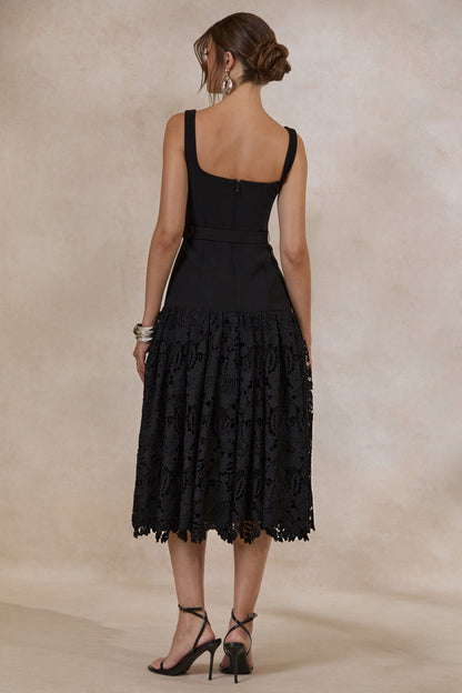 Norrie | Black Square-Neck Midi Dress With Voluminous Lace Skirt