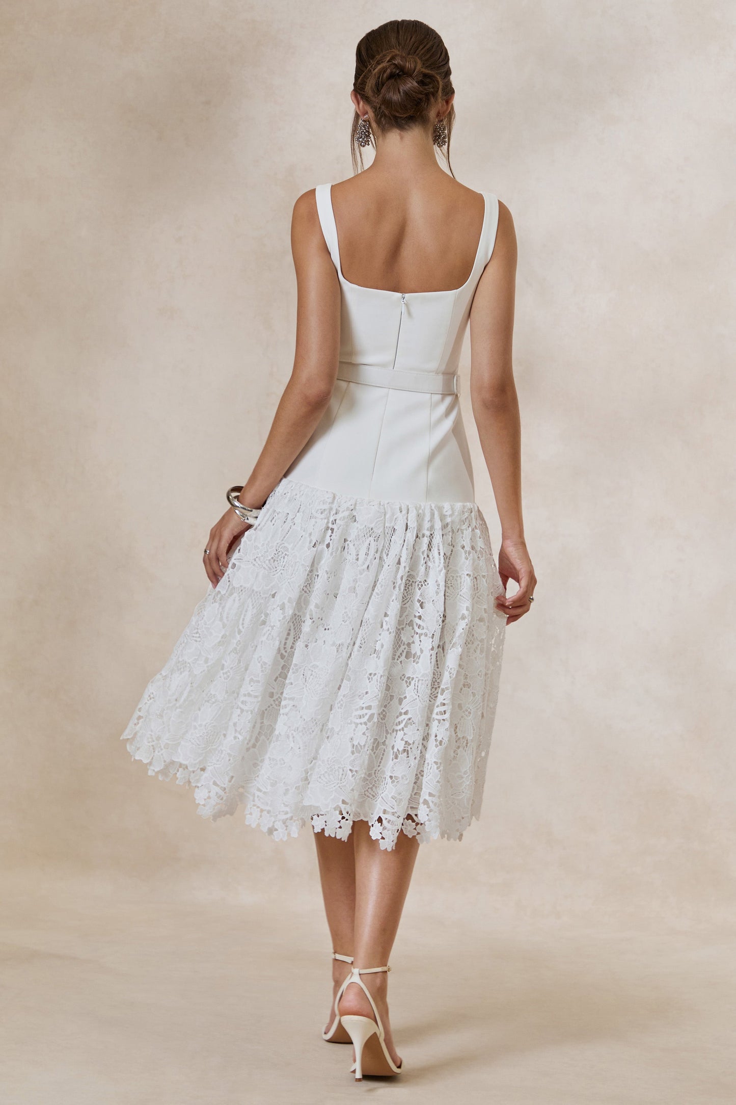 Norrie | White Lace Square-Neck Midi Dress With Voluminous Lace Skirt