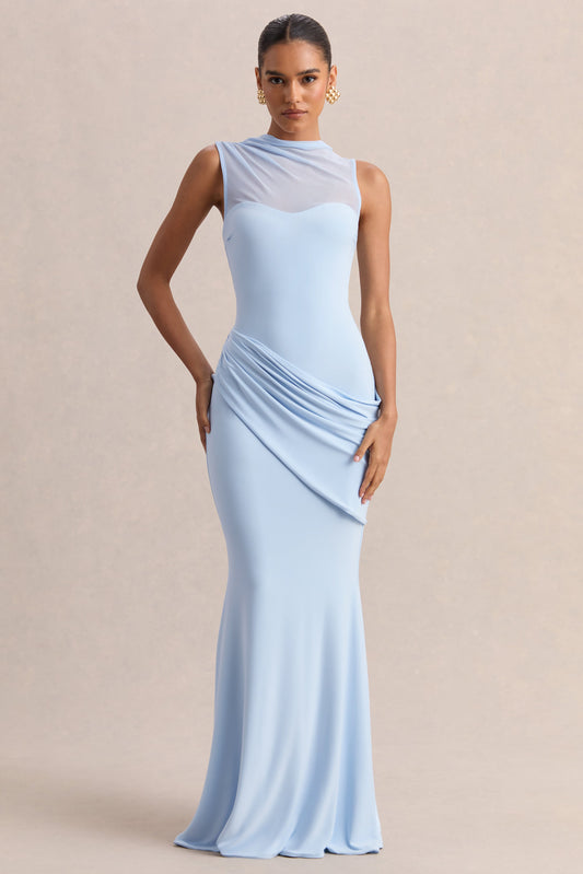 Lyssy | Powder Blue High-Neck Maxi Dress With Mesh-Detail