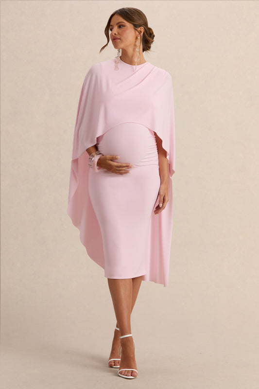 Arwen | Light Pink Round-Neck Maternity Midi Dress With Cape Detail