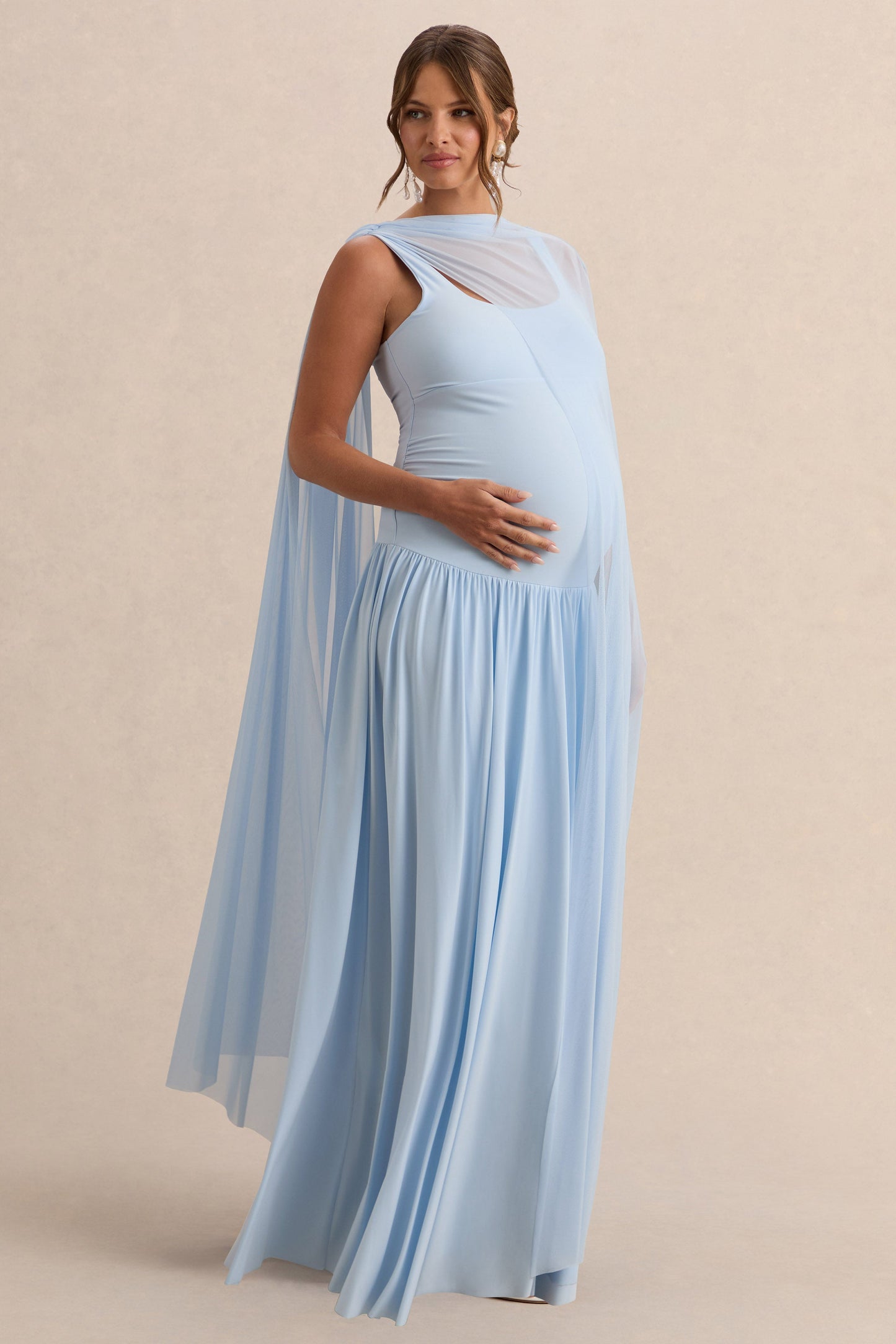Louella | Light Blue Round-Neck Maternity Maxi Dress With Sheer Cape