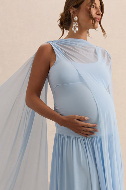 Louella | Light Blue Round-Neck Maternity Maxi Dress With Sheer Cape