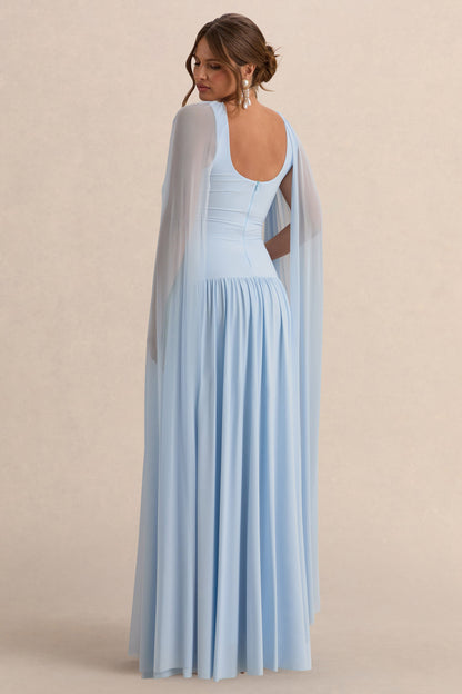 Louella | Light Blue Round-Neck Maternity Maxi Dress With Sheer Cape