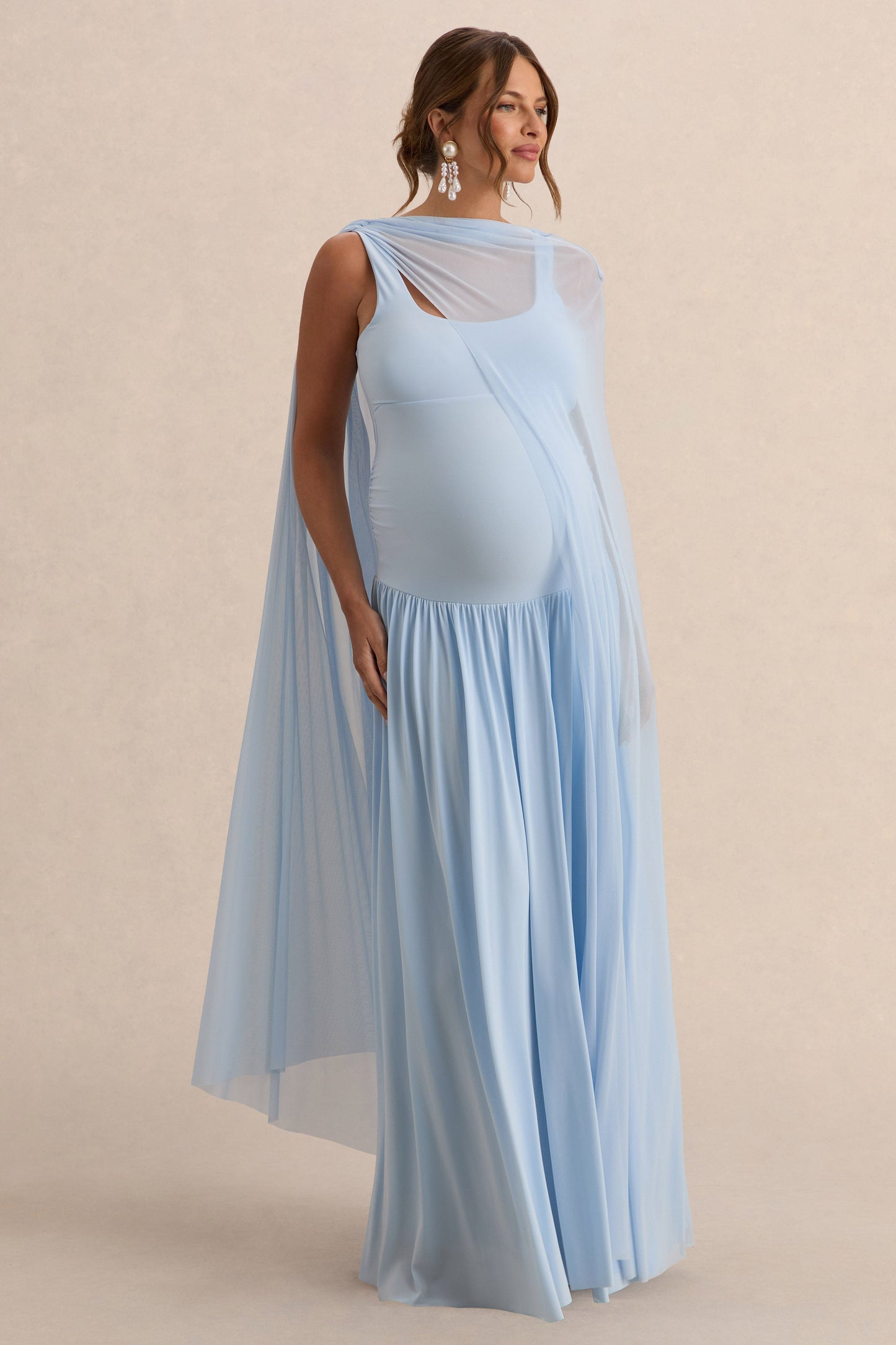 Louella | Light Blue Round-Neck Maternity Maxi Dress With Sheer Cape