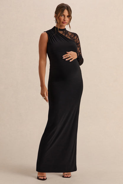 Hartley | Black High-Neck Maternity Maxi Dress With Lace Detailing