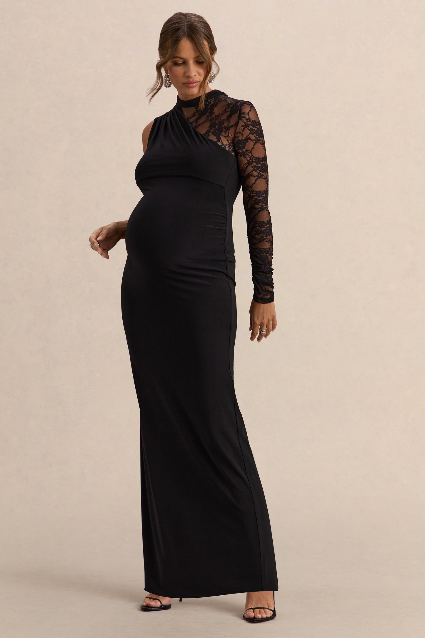 Hartley | Black High-Neck Maternity Maxi Dress With Lace Detailing