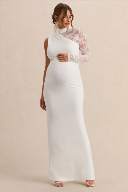 Hartley | White High-Neck Maternity Maxi Dress With Lace Detailing