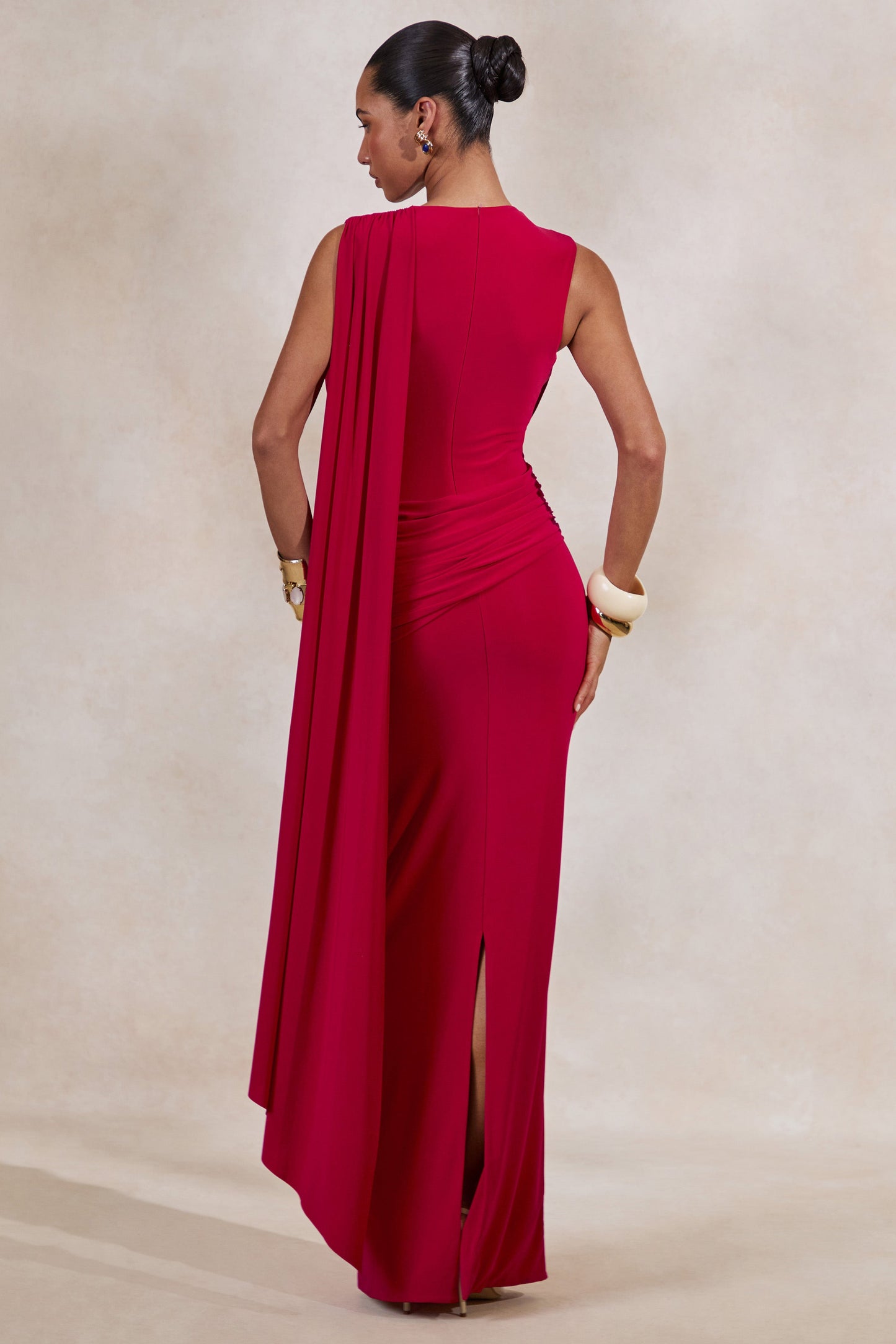 Aralyn | Red Plunge Cowl-Neck Maxi Dress With Sash Detail