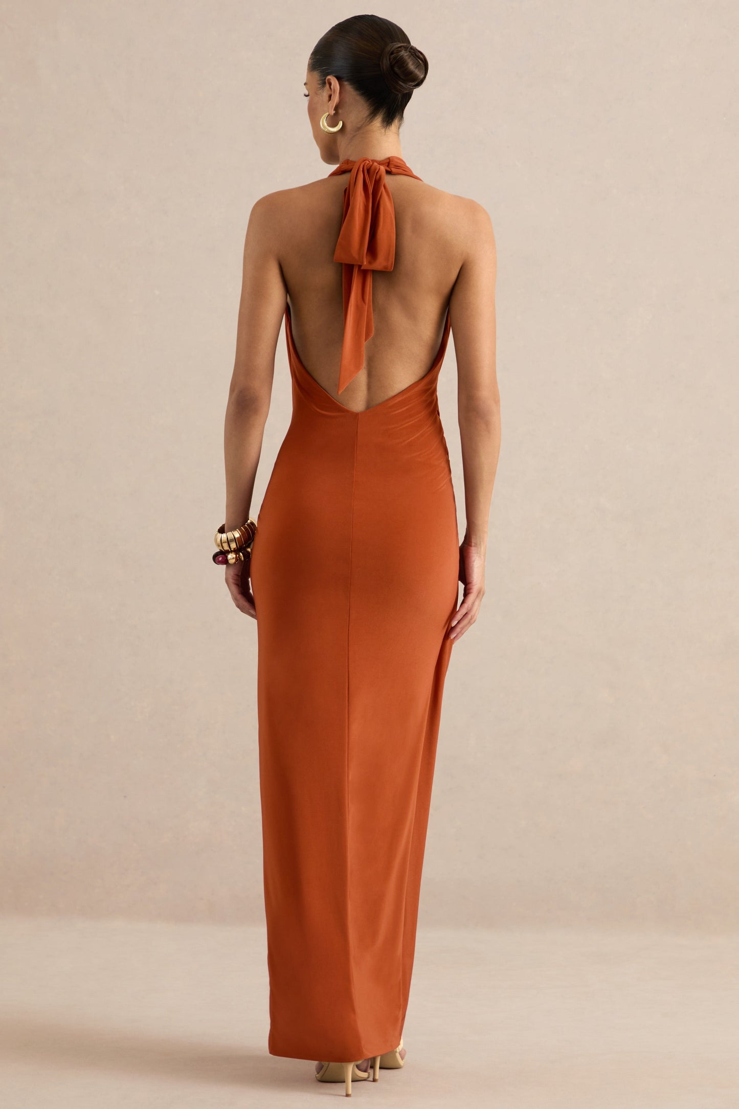 Azari | Rust Halter-Neck Wrap Maxi Dress With Gold Detail