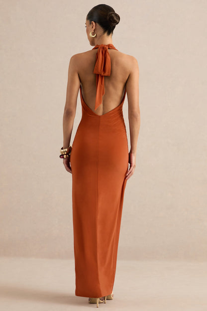 Azari | Rust Halter-Neck Wrap Maxi Dress With Gold Detail