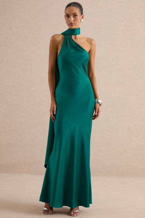 Jorina | Green Satin Asymmetric-Neck Maxi Dress With Scarf Detail