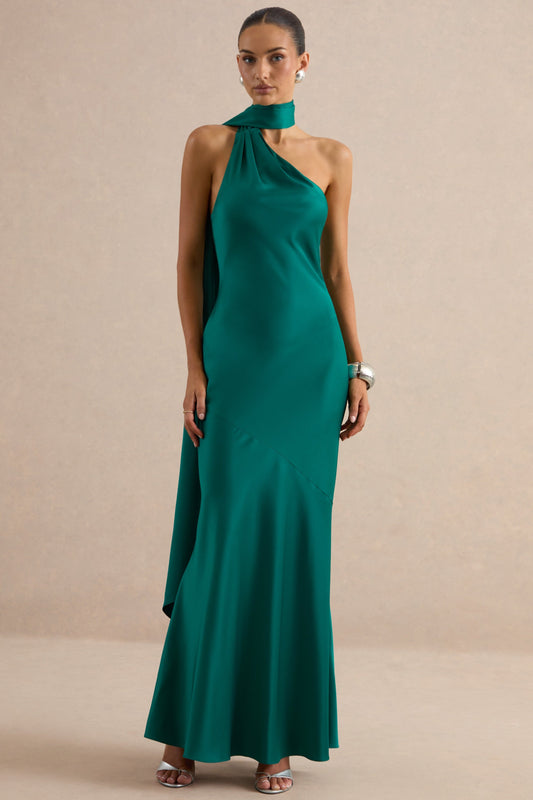 Jorina | Green Satin Asymmetric-Neck Maxi Dress With Scarf Detail