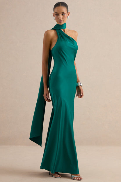 Jorina | Green Satin Asymmetric-Neck Maxi Dress With Scarf Detail