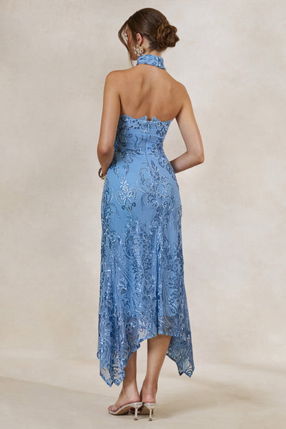 Galathea | Blue Lace Bandeau-Neck Midi Dress With Collar Detail