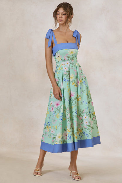 Marlisa | Mint Floral Print Square-Neck Midi Dress With Bow Straps