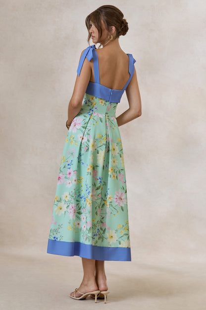 Marlisa | Mint Floral Print Square-Neck Midi Dress With Bow Straps