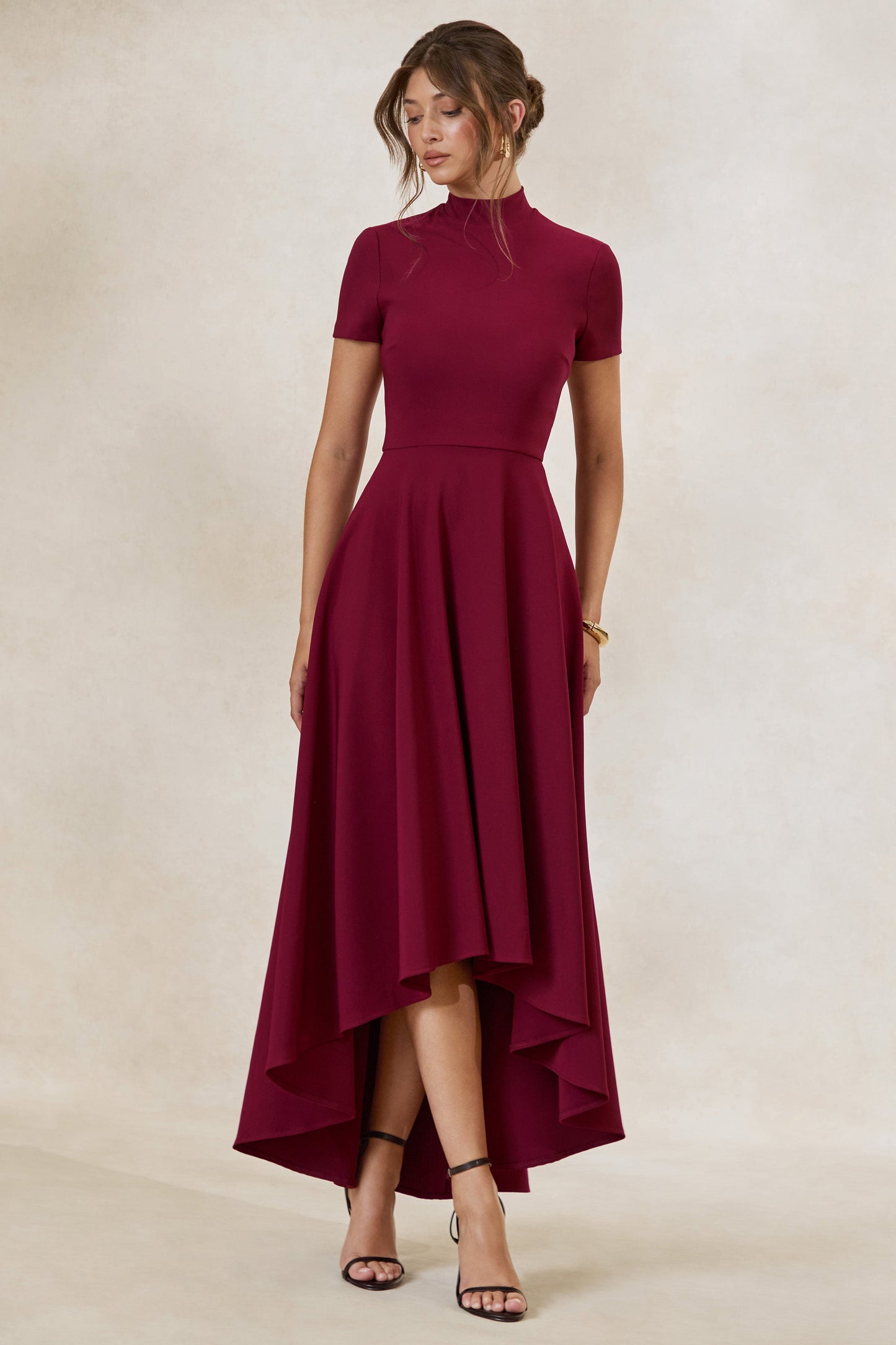 Bellona | Burgundy High-Neck High-Low Midi Dress