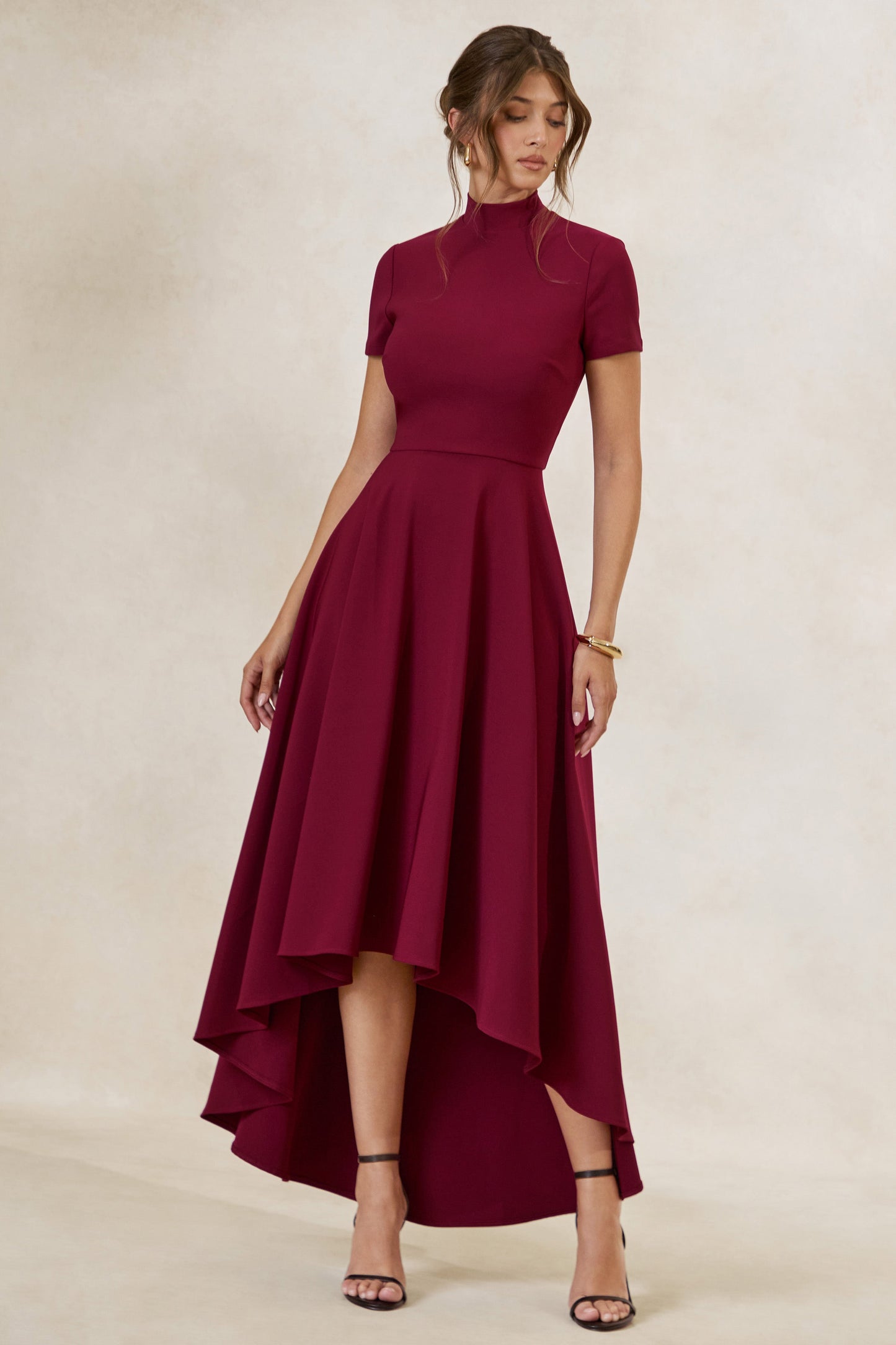 Bellona | Burgundy High-Neck High-Low Midi Dress