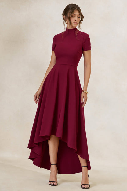 Bellona | Burgundy High-Neck High-Low Midi Dress