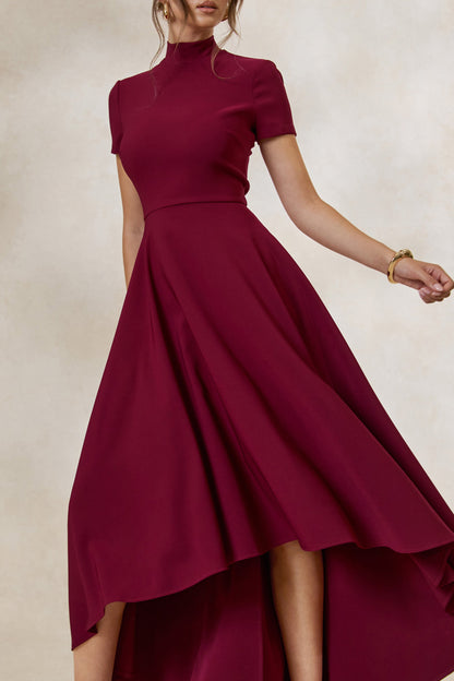 Bellona | Burgundy High-Neck High-Low Midi Dress