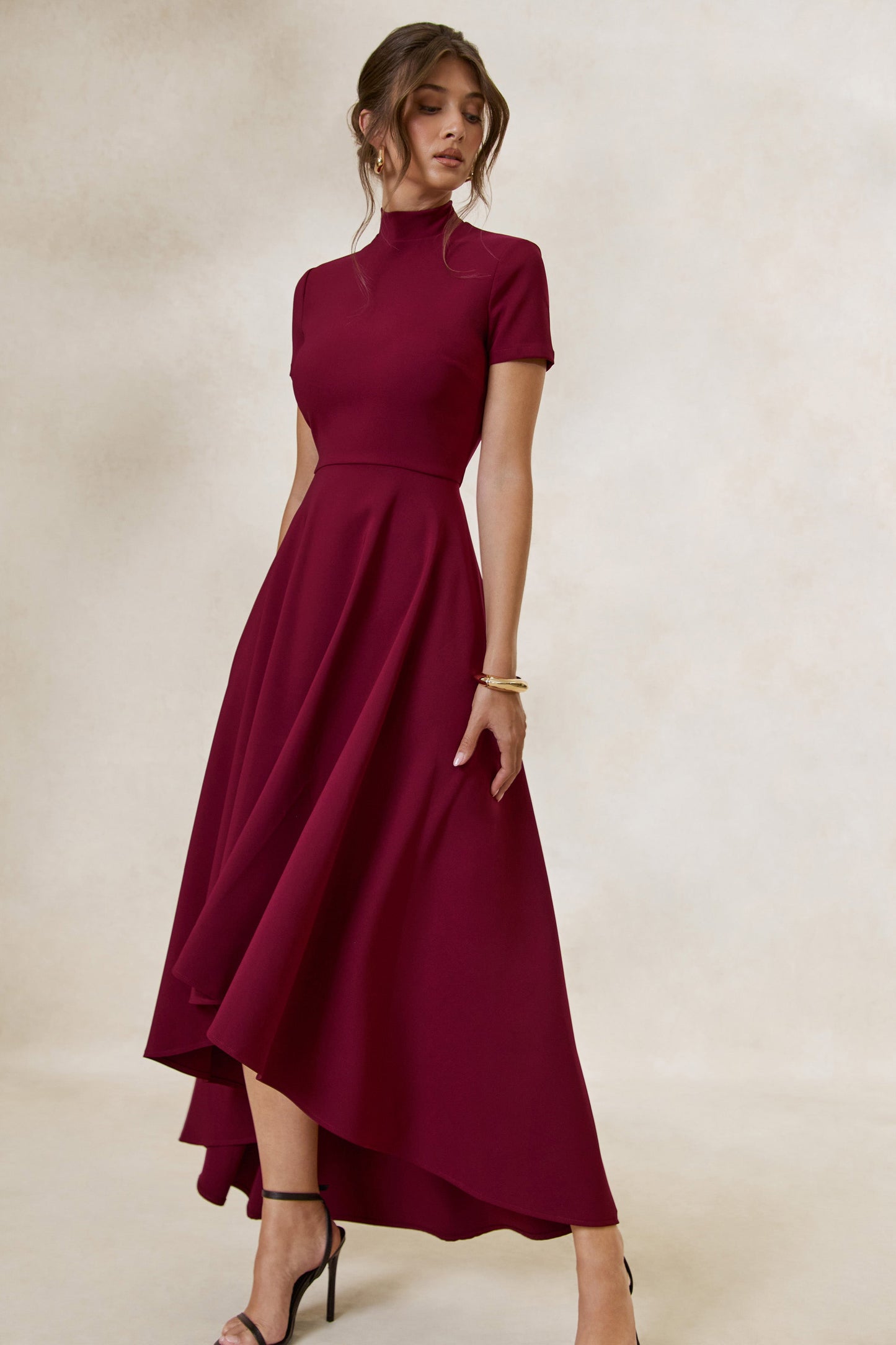 Bellona | Burgundy High-Neck High-Low Midi Dress