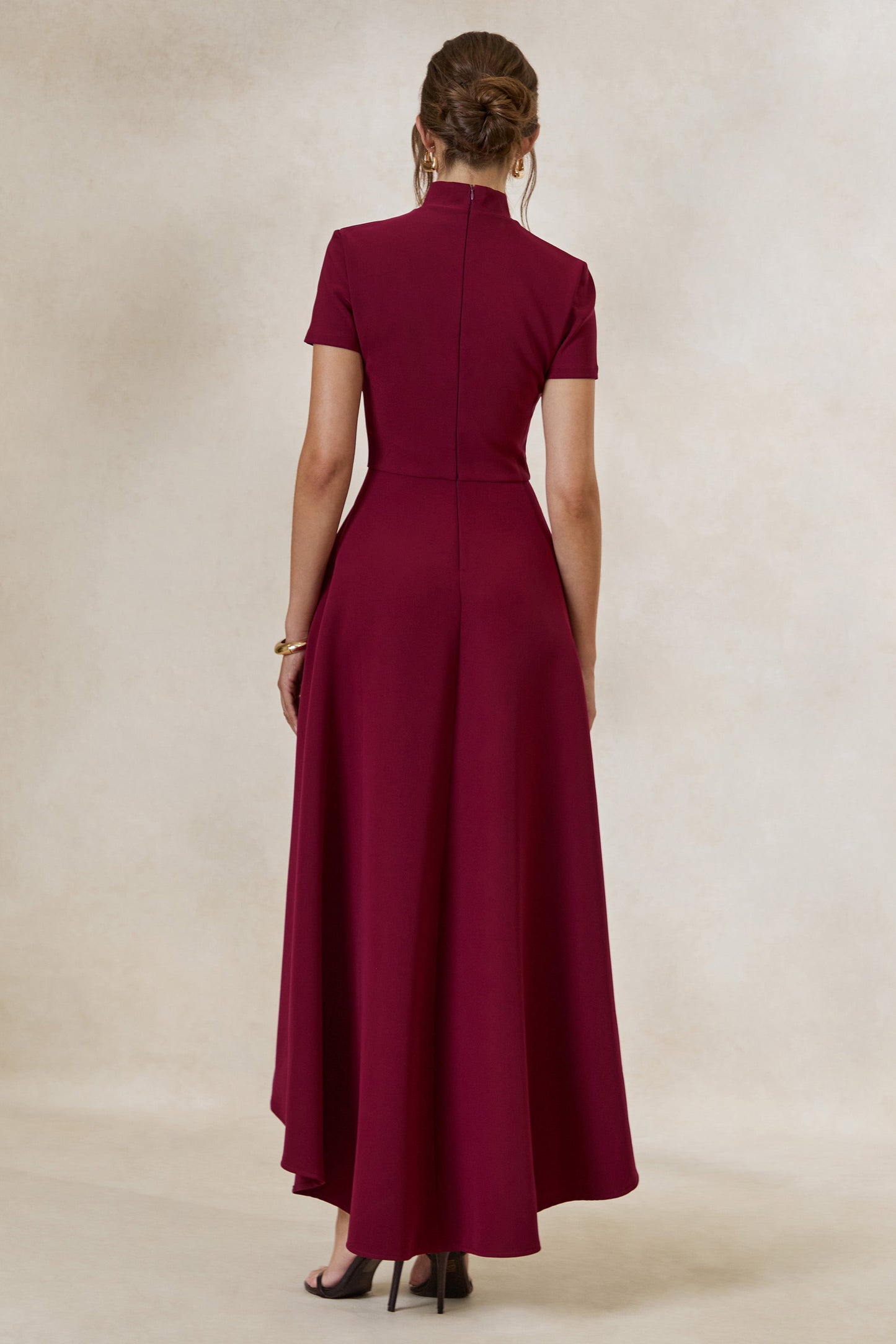 Bellona | Burgundy High-Neck High-Low Midi Dress