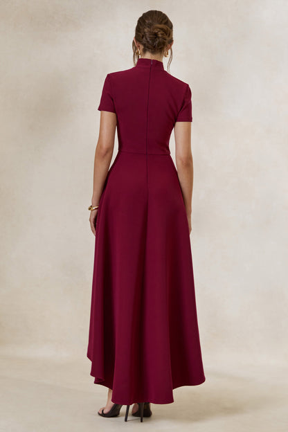Bellona | Burgundy High-Neck High-Low Midi Dress