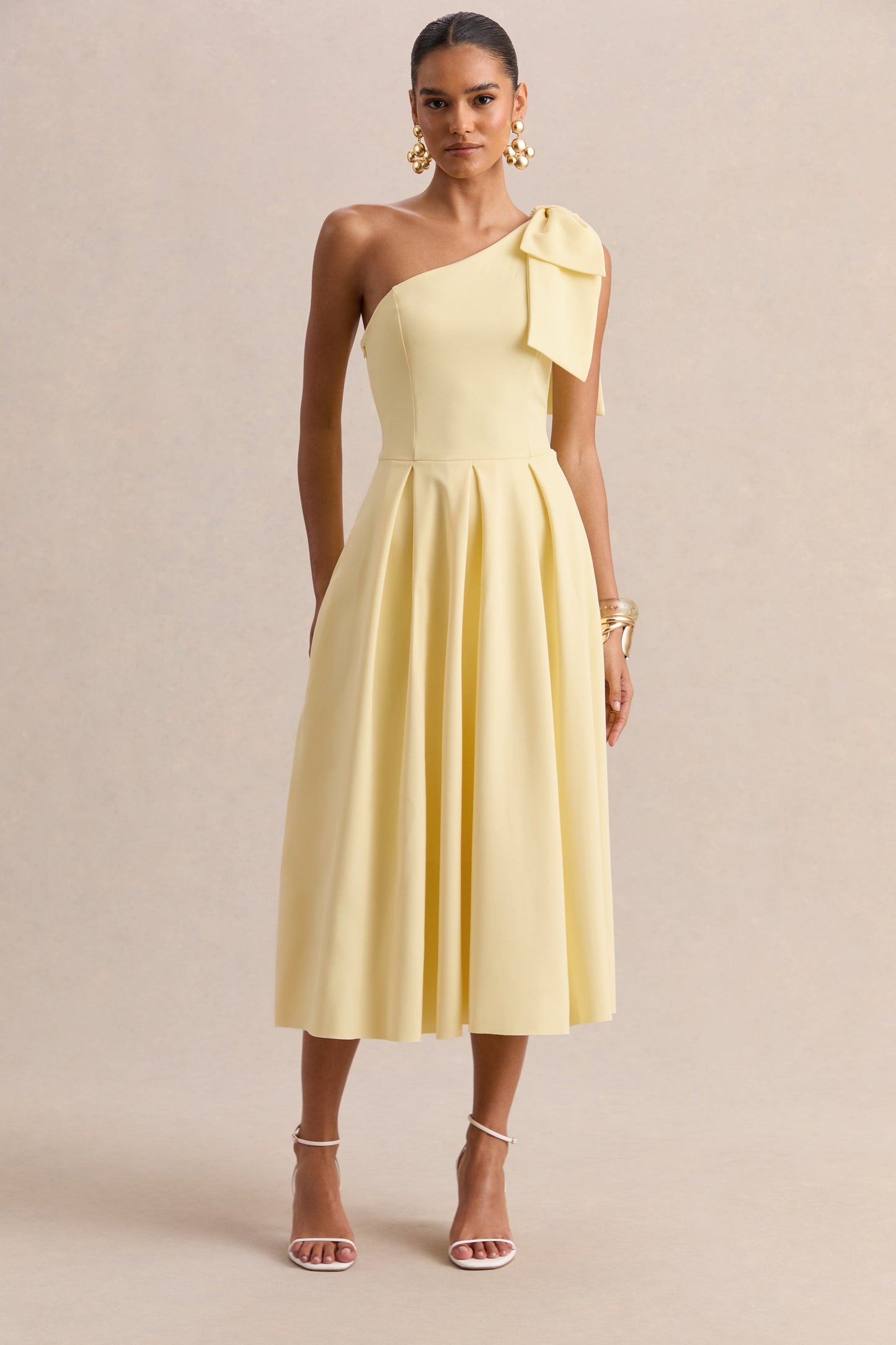 Meria | Lemon Asymmetric-Neck Midi Dress With Bow-Sleeve