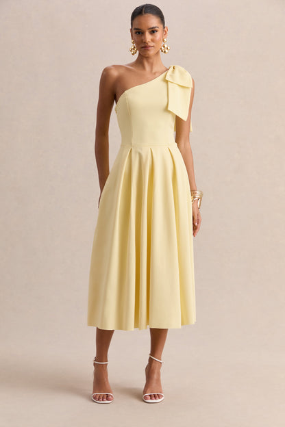 Meria | Lemon Asymmetric-Neck Midi Dress With Bow-Sleeve