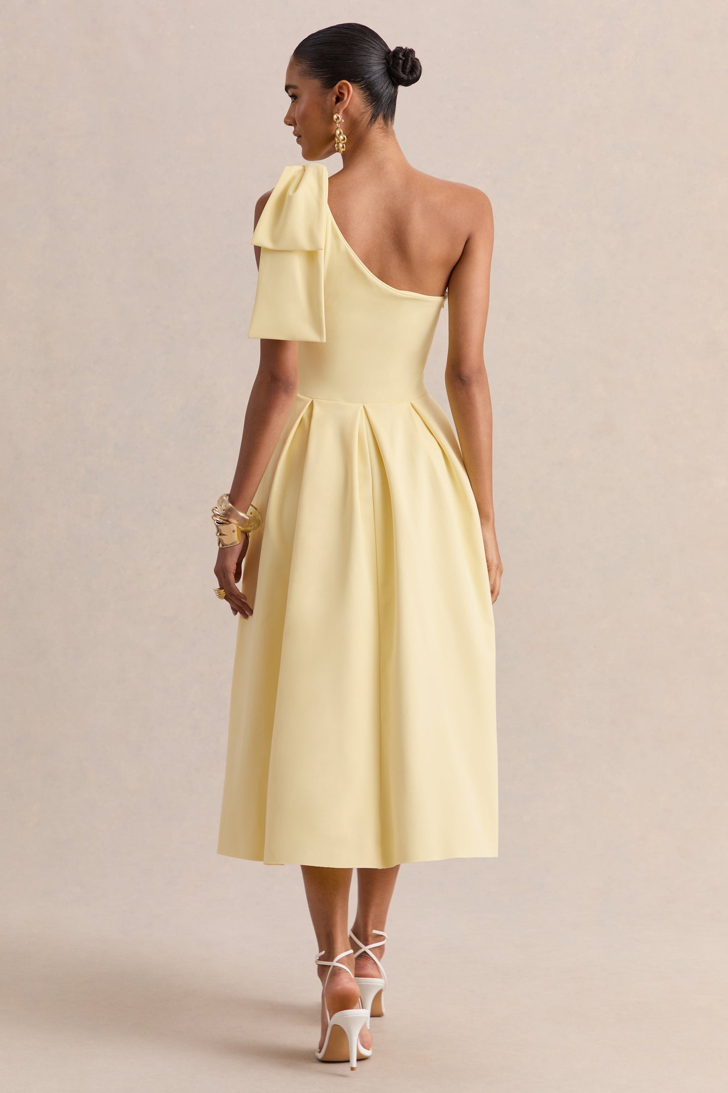 Meria | Lemon Asymmetric-Neck Midi Dress With Bow-Sleeve