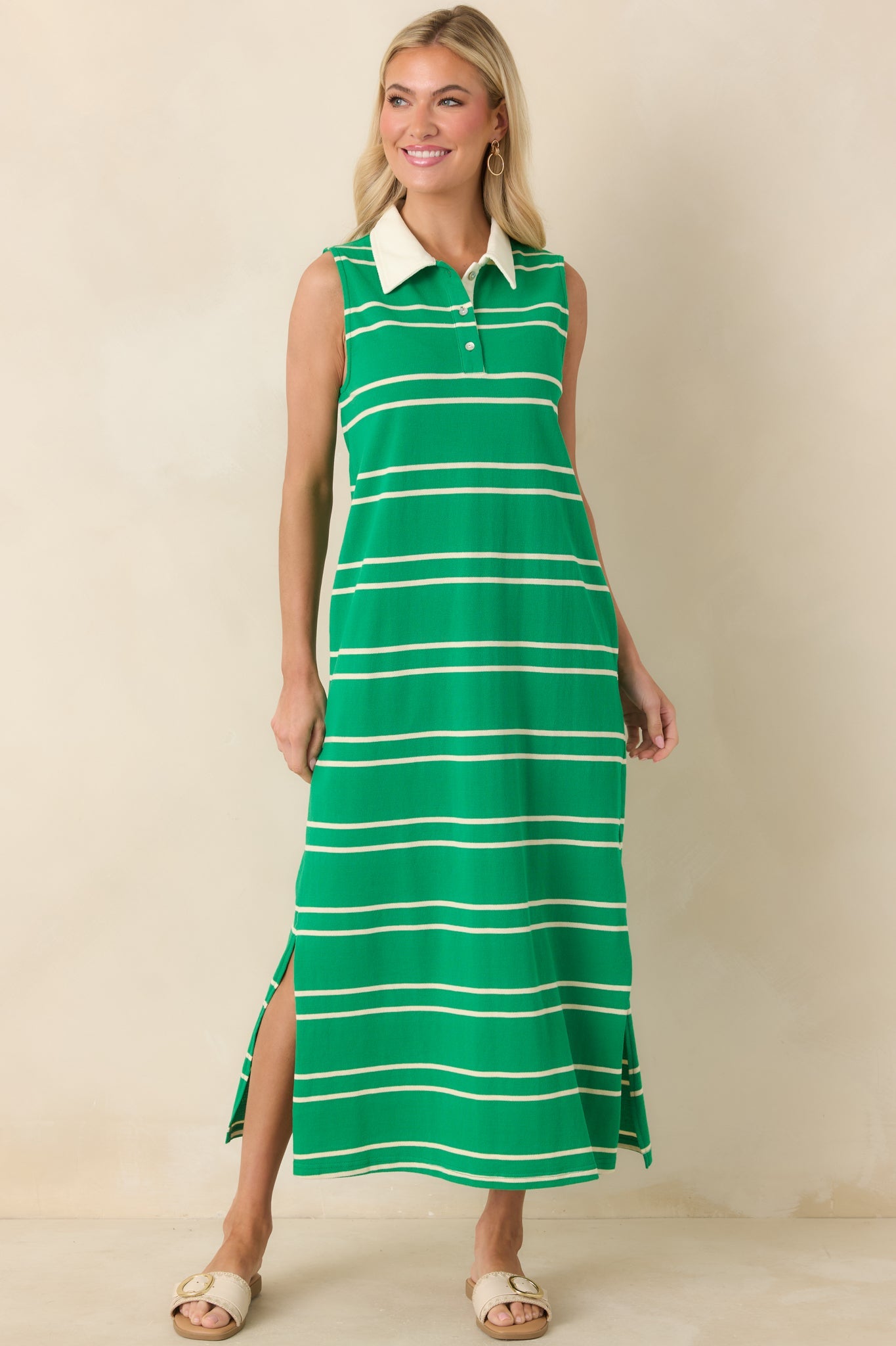 Polished Play Green Stripe Cotton Sleeveless Maxi Dress