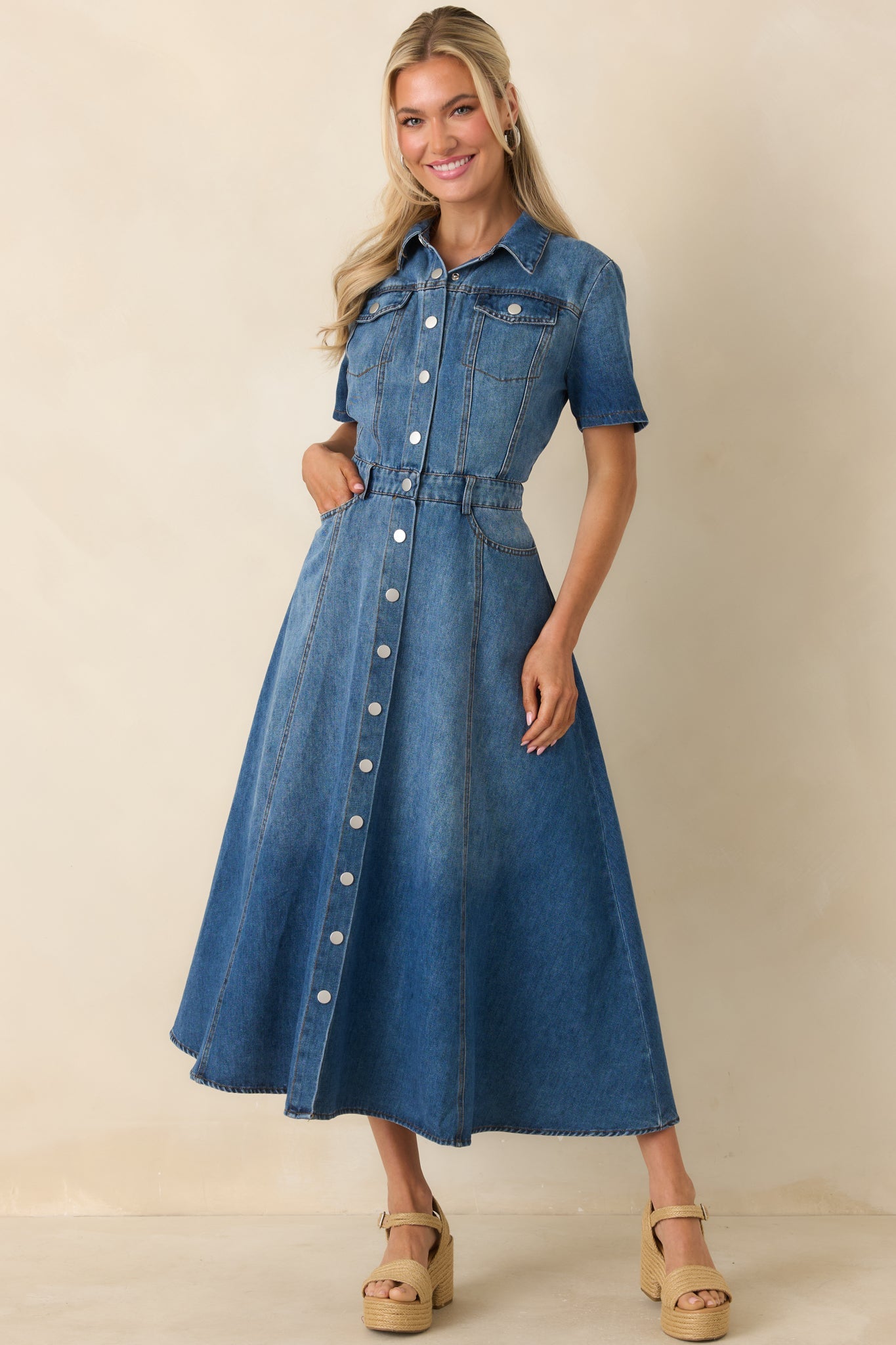 The Right Impression Medium Wash Cotton Denim Midi Dress