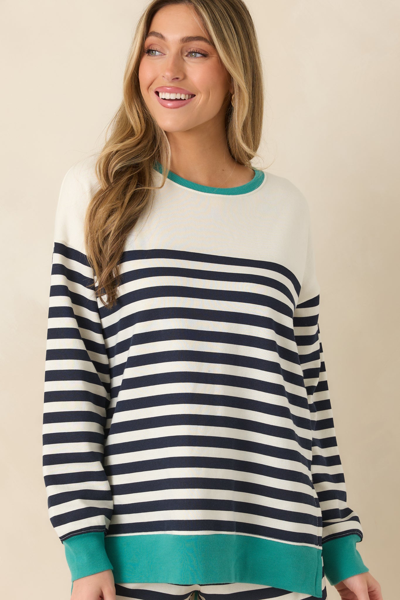 Z Supply Navy Cotton Blend Layer Up Stripe Sweatshirt