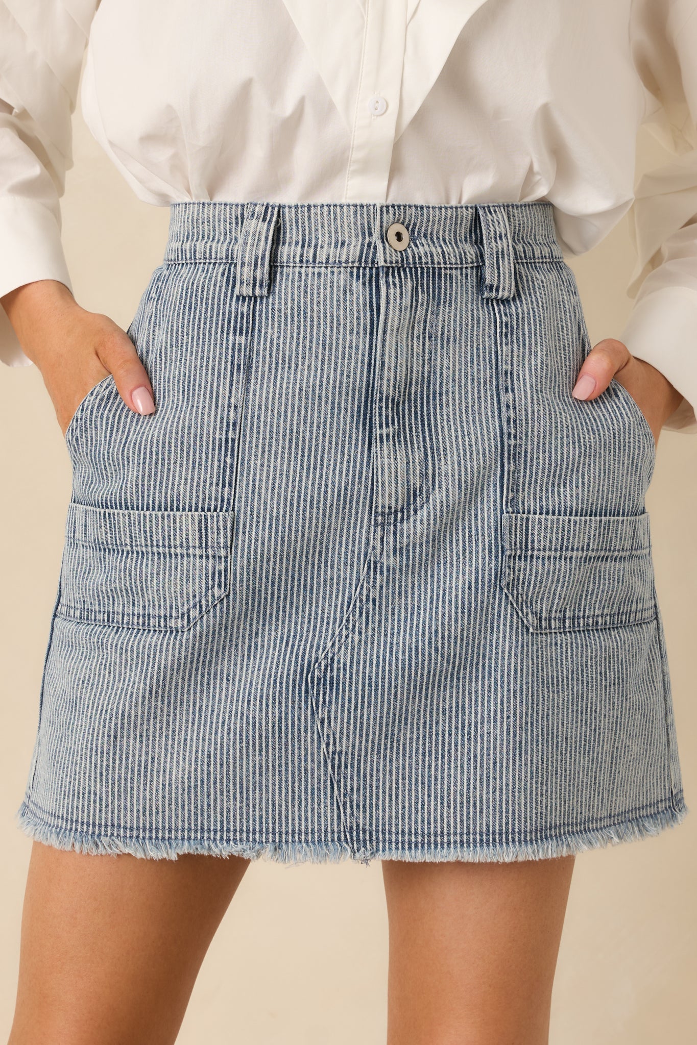 Off the Beaten Path Distressed Blue Stripe Cotton Denim Mini Skirt
