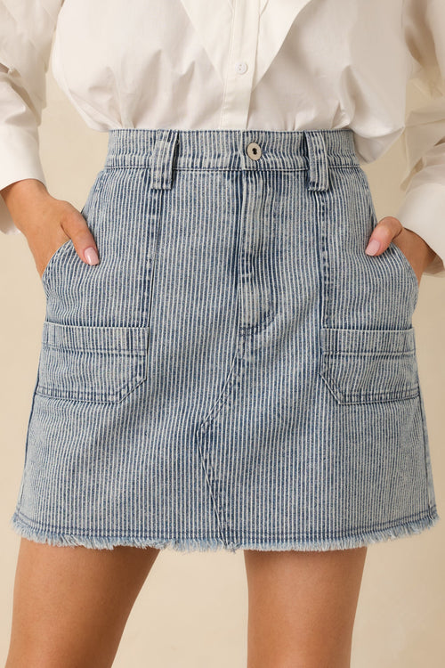 Off the Beaten Path Distressed Blue Stripe Cotton Denim Mini Skirt