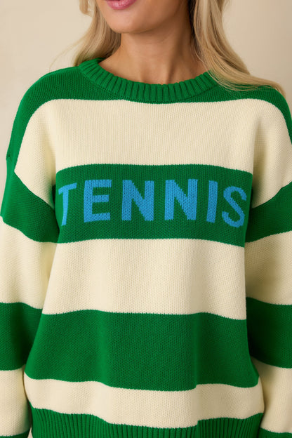 Courtside Classic Kelly Green Stripe Cotton Knit Tennis Sweater