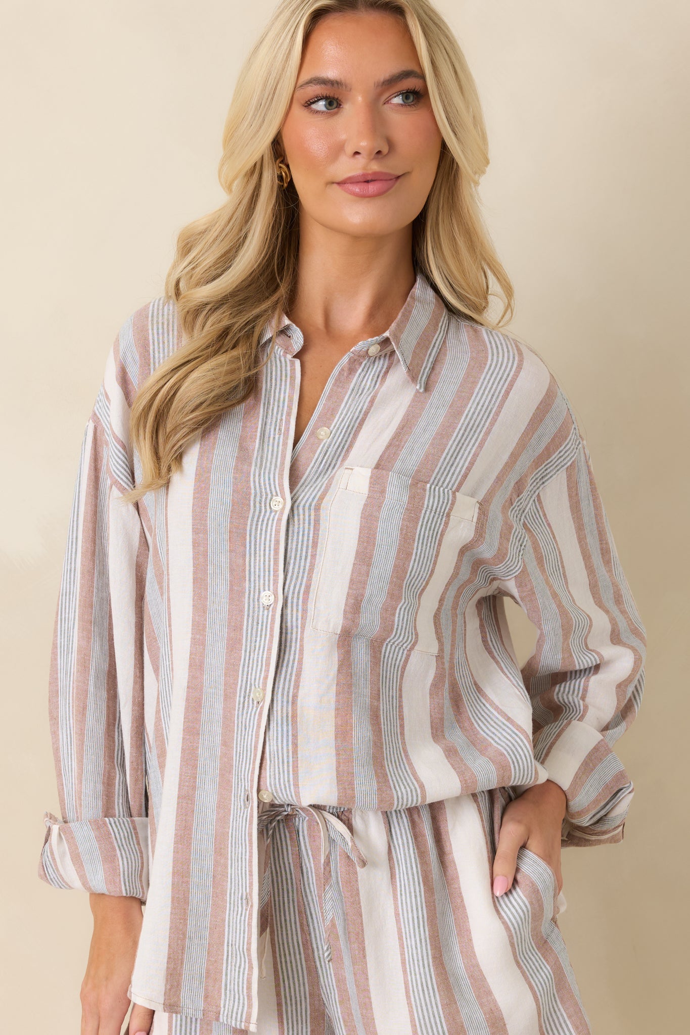 Z Supply The Perfect Beige & Green Stripe Button Up Top