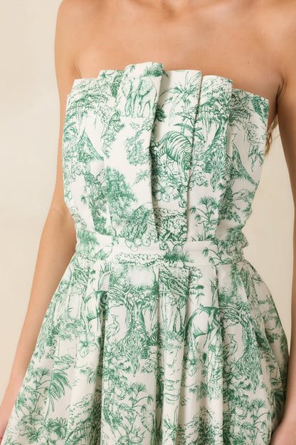 The Genevieve 100% Cotton Green Toile Strapless Midi Dress