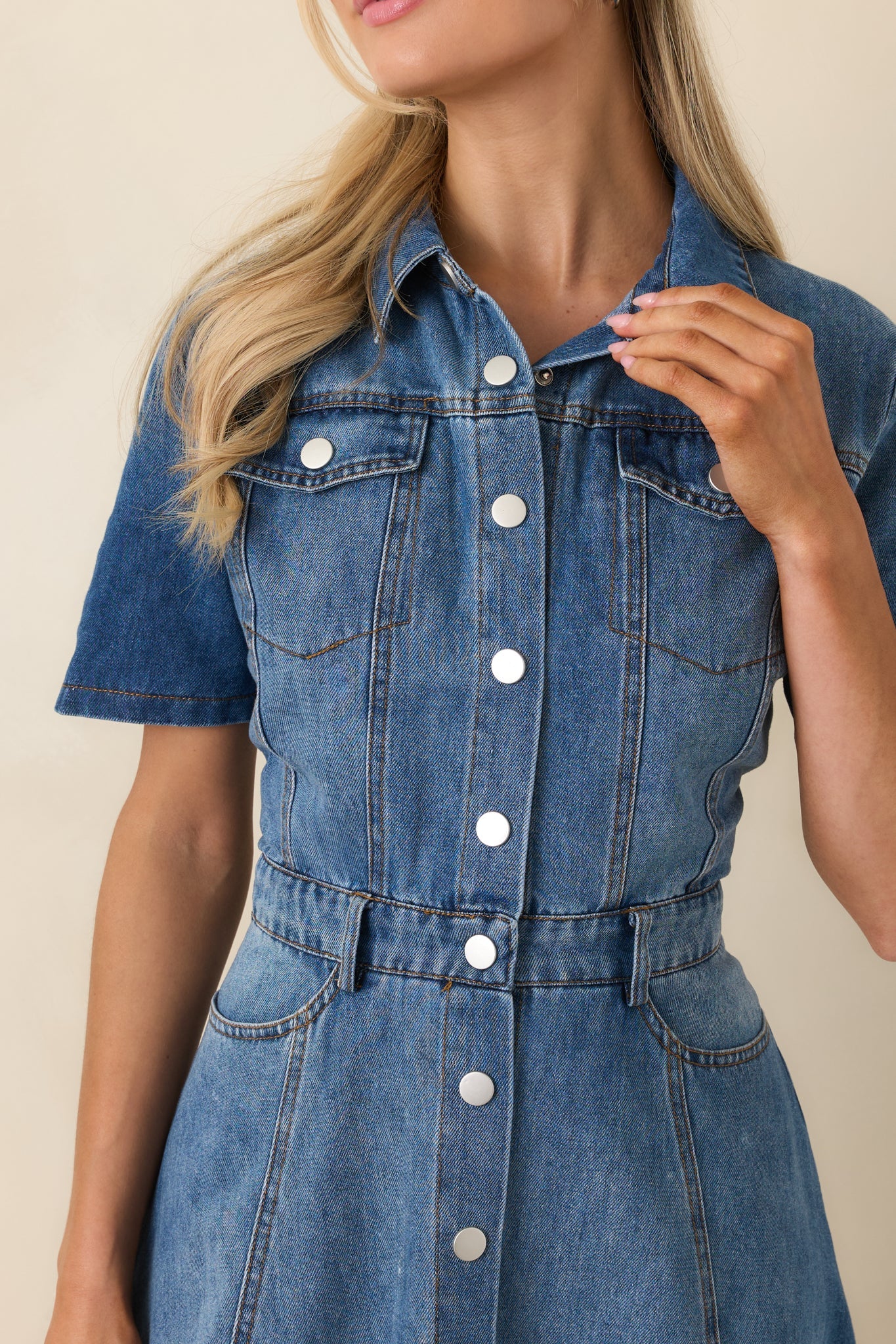 The Right Impression Medium Wash Cotton Denim Midi Dress